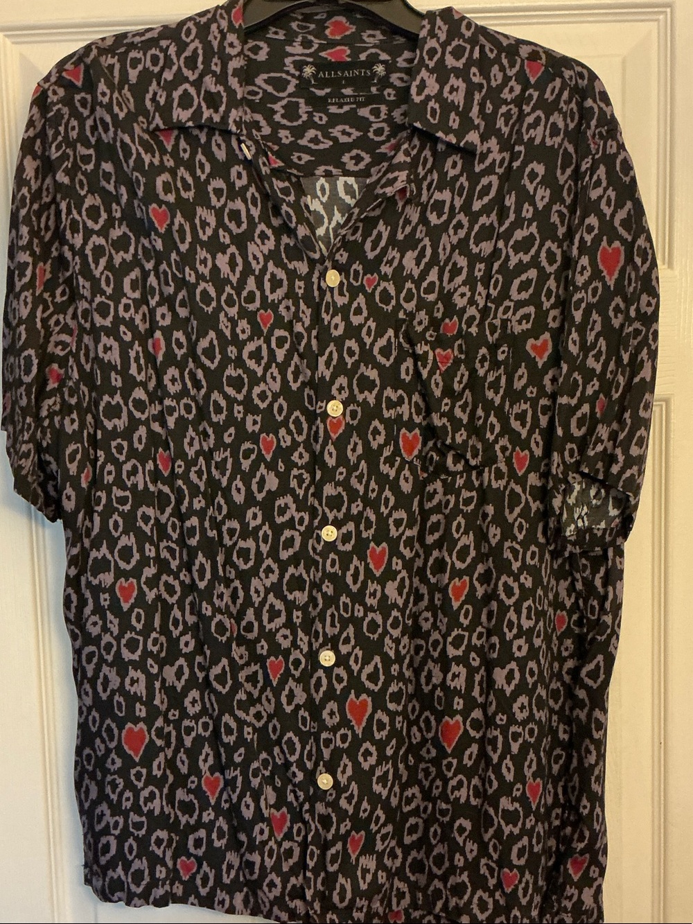All Saints Black Short-Sleeve Button-Up Shirt with Red Heart Print